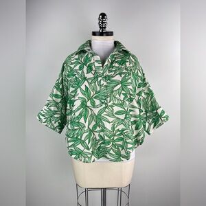 💚 3510. Oversized Collared Leaf Print Blouse